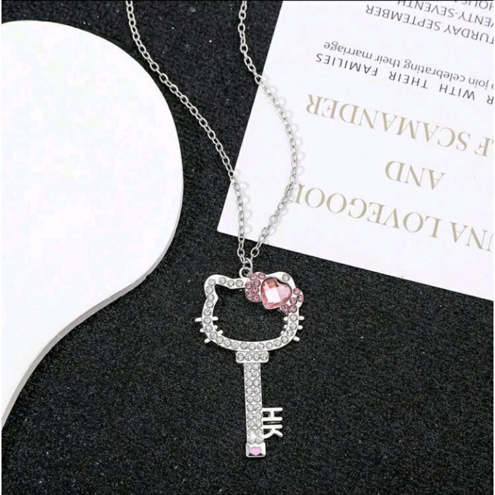 Sanrio Hello Kitty Key Pink Bow Rhinestone Pendant Necklace NEW